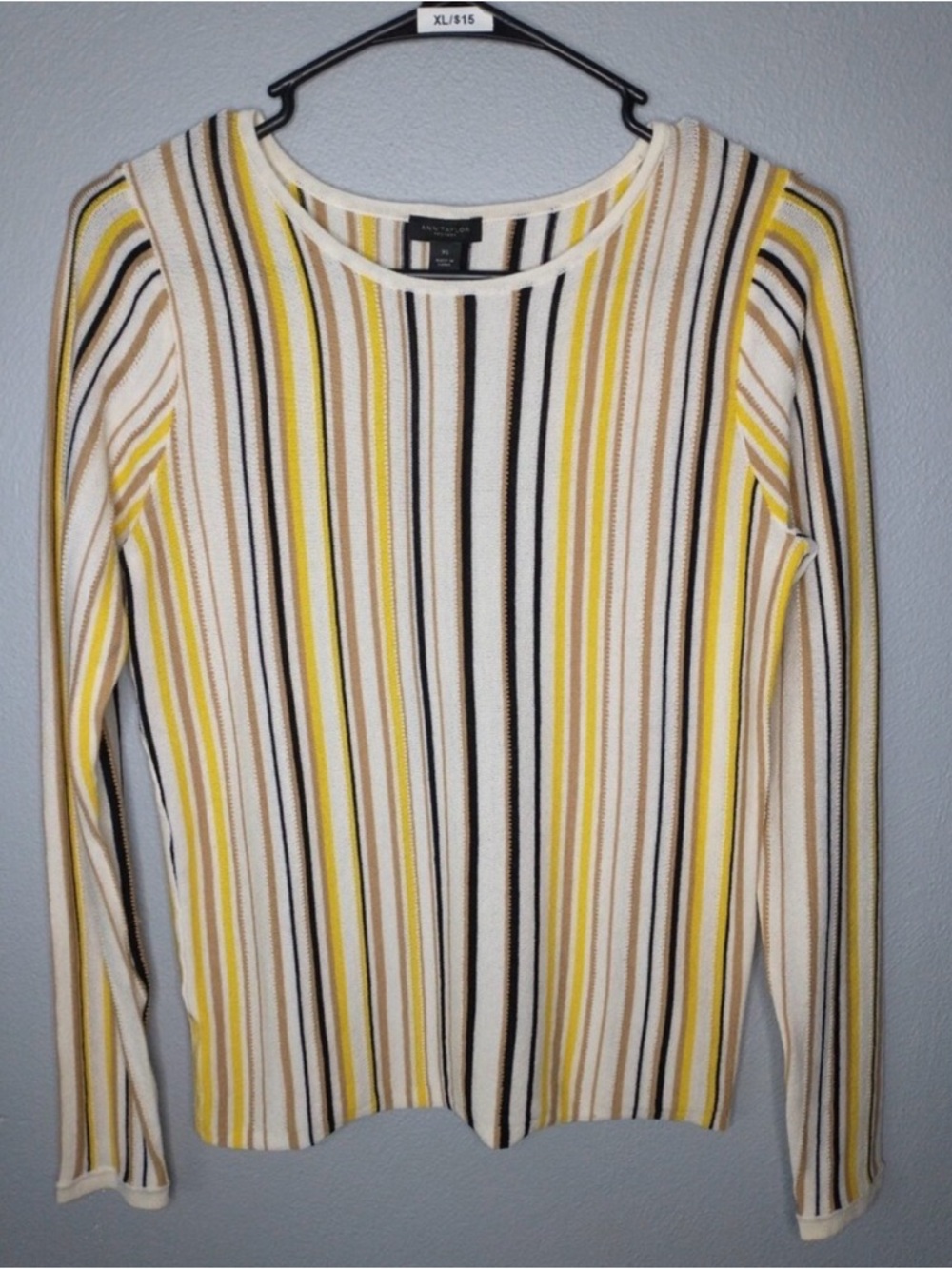 Ann Taylor Striped Top Women’s XS Yellow Black White Long Sleeve Boat Neck